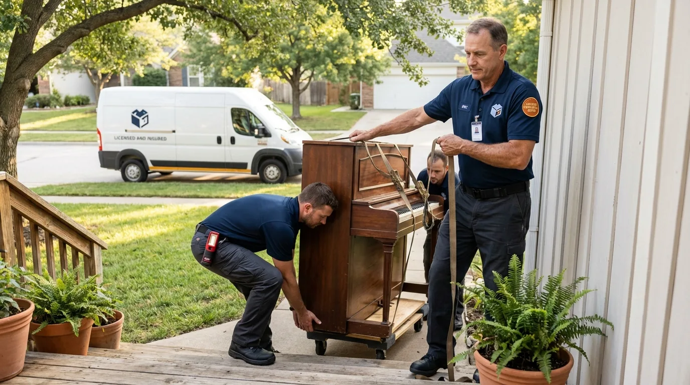 Licensed piano movers securing grand piano in Le Mars, IA