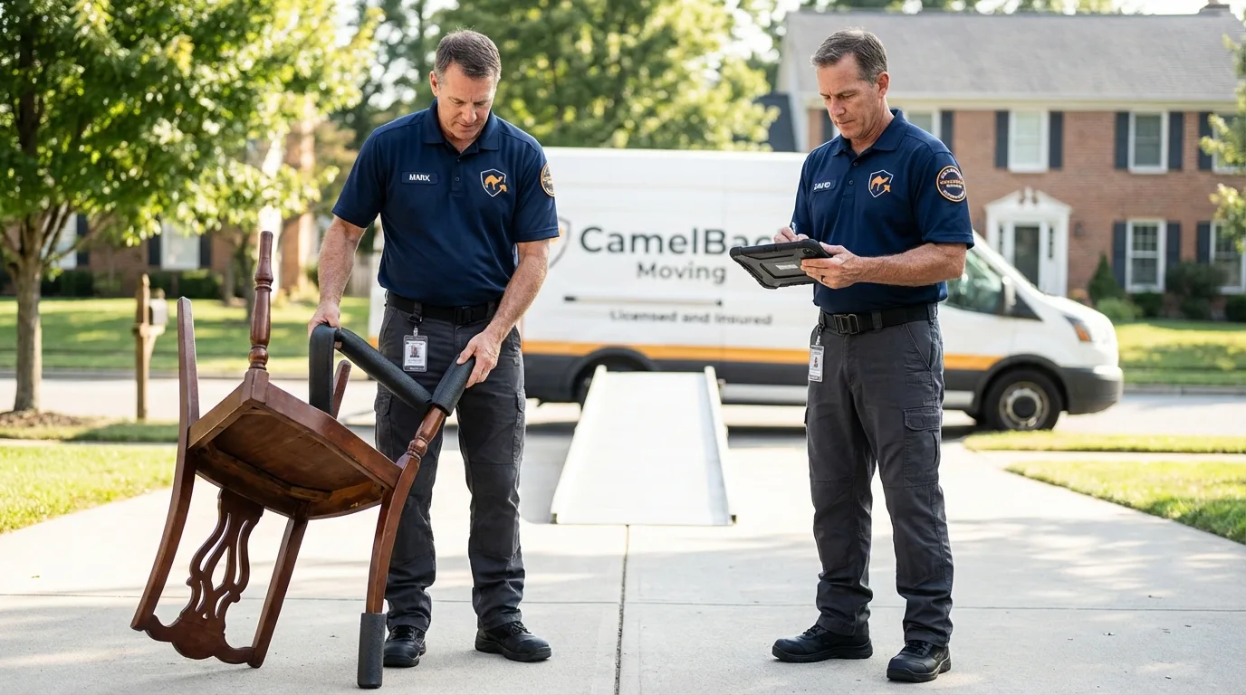 Movers inspecting furniture for damage prevention before loading in Le Mars, IA